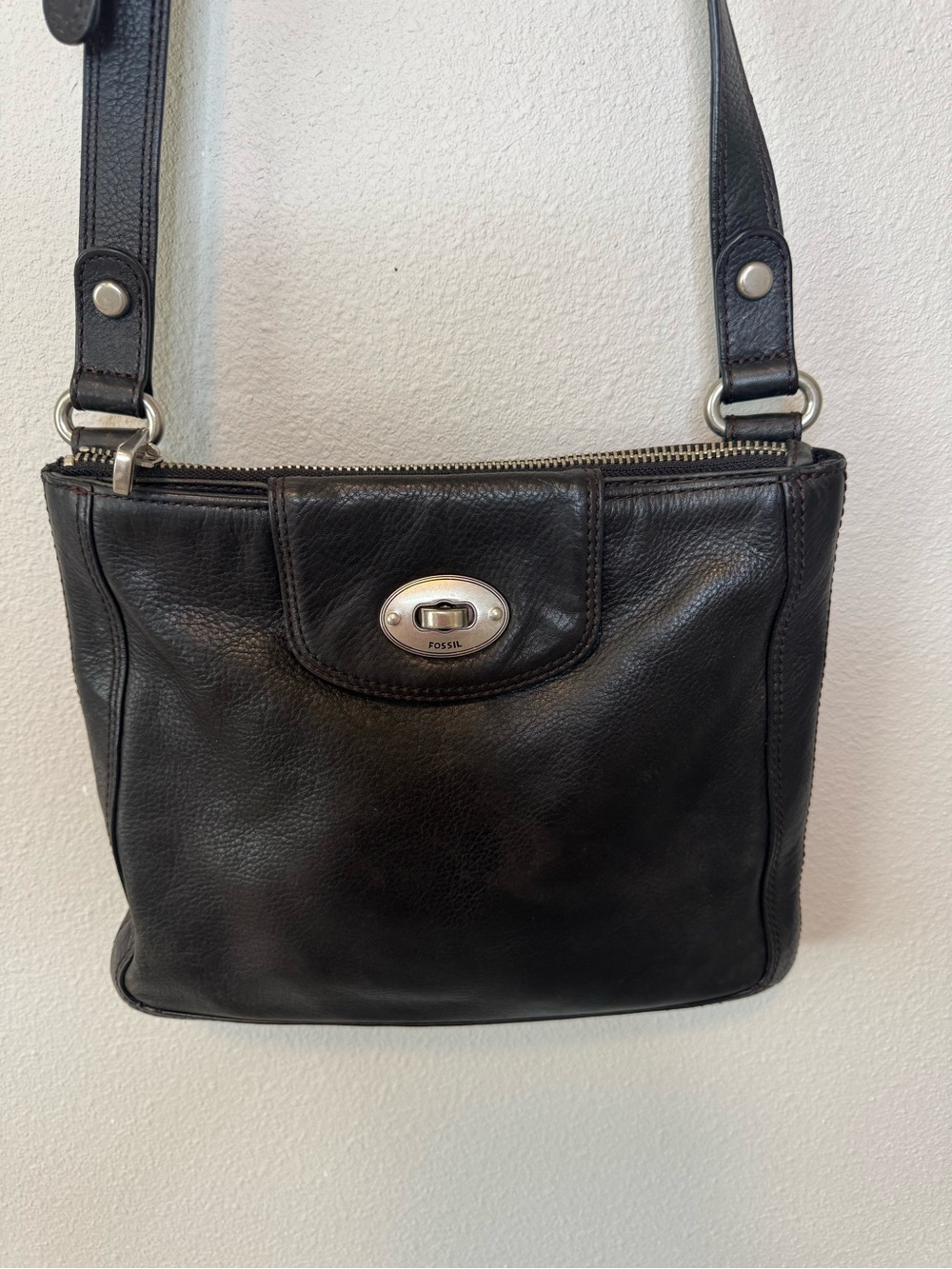 Fossil Black Leather Crossbody with Silver Hardware - Picture 2 of 5